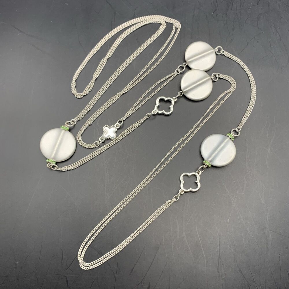 Long Matte Silver Tone Station Necklace Green Rhinestone Accent 41 In